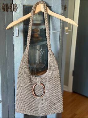 Lina Handwoven Taupe Shoulder Bag with Wooden Ring